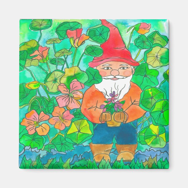 Garden Gnome Watercolor Flowers Magnet (Framsidan)