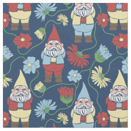 Garden Gnomes with Flowers Navy Blue Patternes Tyg