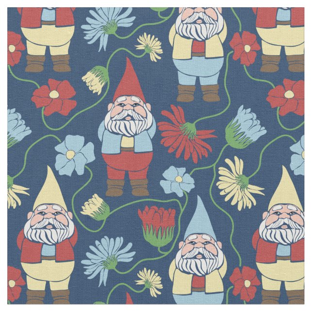 Garden Gnomes with Flowers Navy Blue Patternes Tyg (Närbild)