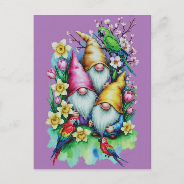 Garden Gnomes with Parrots and Spring Florals Vykort (Framsida)