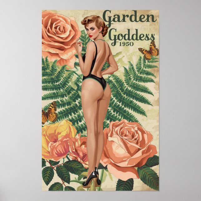 Garden Goddess 1950 – Retro Pin-Up Botanical Colla Poster (Framsidan)