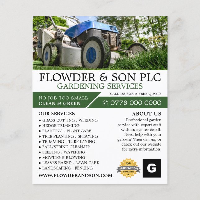 Garden Gräsmatta-Mower, Garden Service, trädgårdso Flygblad (Framsidan)