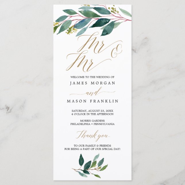 Garden Grönts Gay Bröllopsprogram - Mr & Mr. Program (Framsida)