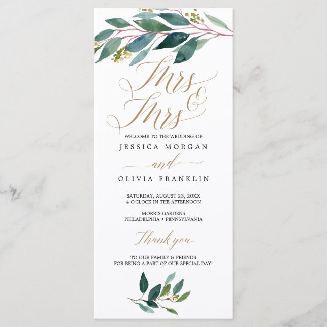 Garden Grönts Gay Bröllopsprogram - Mrs & Mrs. Program (Framsida)