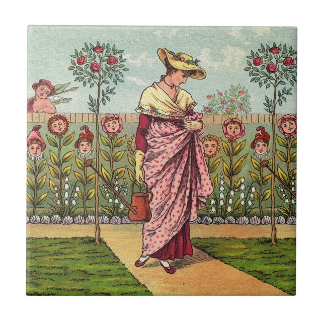 Garden Grow Flower Woman Art Antique Kakelplatta (Framsidan)