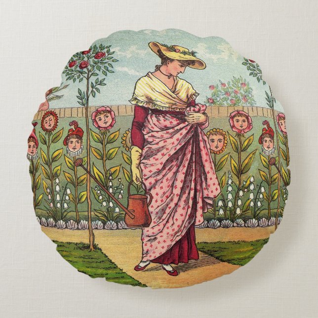Garden Grow Flower Woman Art Antique Rund Kudde (Framsidan)