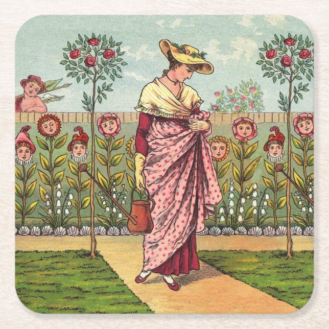 Garden Grow Flower Woman Art Antique Underlägg Papper Kvadrat (Framsidan)
