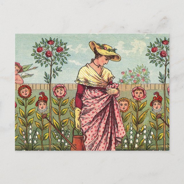 Garden Grow Flower Woman Art Antique Vykort (Framsida)
