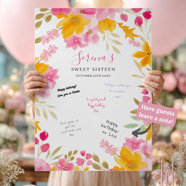 Garden gult rosa blommigt Sweet 16 Signing Board Poster (Garden yellow pink floral Sweet 16 Signing Board Poster)
