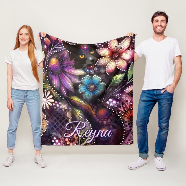 Garden Kitty Cat Floral Abstract Personalized Fleecefilt (På plats)