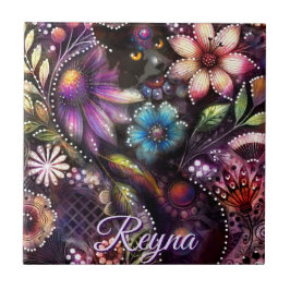 Garden Kitty Cat Floral Abstract Personalized Kakelplatta