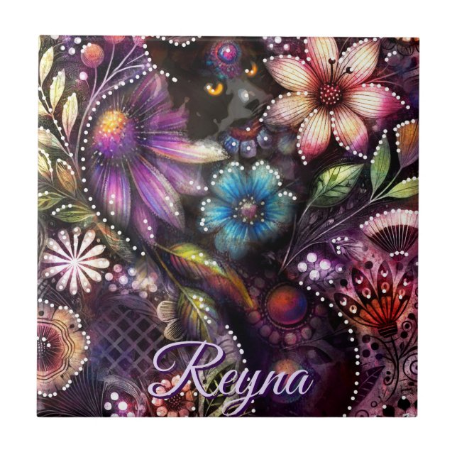 Garden Kitty Cat Floral Abstract Personalized Kakelplatta (Framsidan)