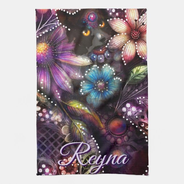 Garden Kitty Cat Floral Abstract Personalized Kökshandduk (Vertikal)