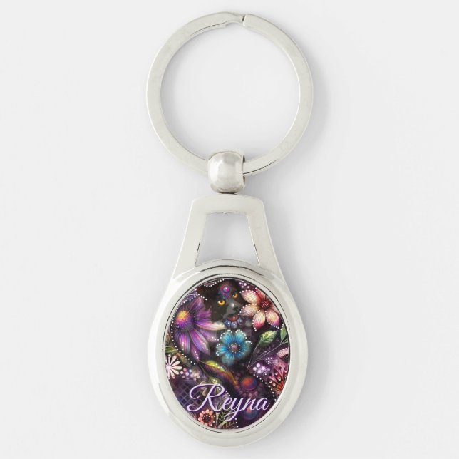 Garden Kitty Cat Floral Abstract Personalized Ovalt Silverfärgad Nyckelring (Framsidan)