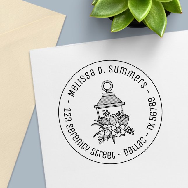 Garden Lantern Flowers Round Adress 1 Självfärgande Stämpel (Skapare uppladdad)