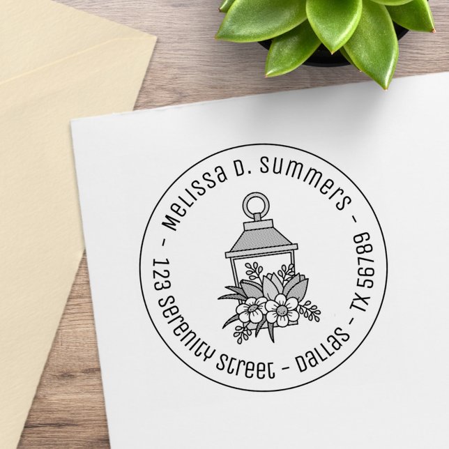 Garden Lantern Flowers Round Adress 3 Stämpel (Skapare uppladdad)