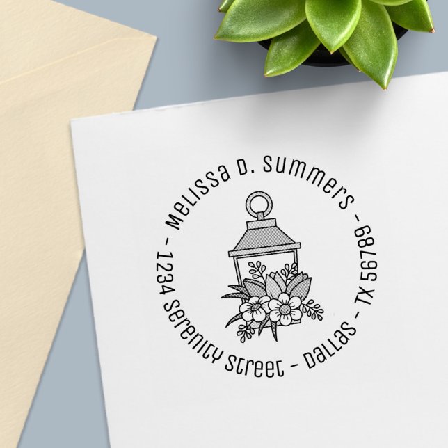 Garden Lantern Flowers Round Adress 4 Självfärgande Stämpel (Skapare uppladdad)