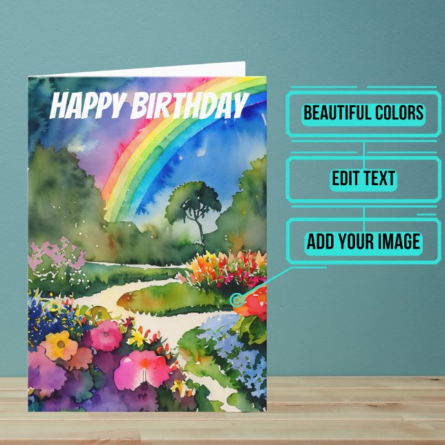 Garden med blommor och regnbåge, vattenfärg kort (Wish someone you care about a happy birthday with this colorful design featuring watercolors.)