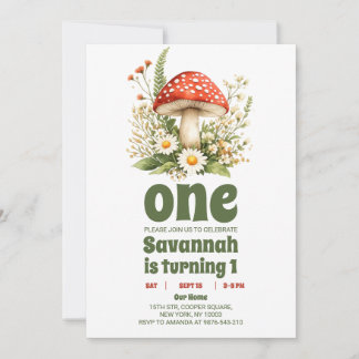 Garden Mushroom 1st Birthday Party Inbjudningar