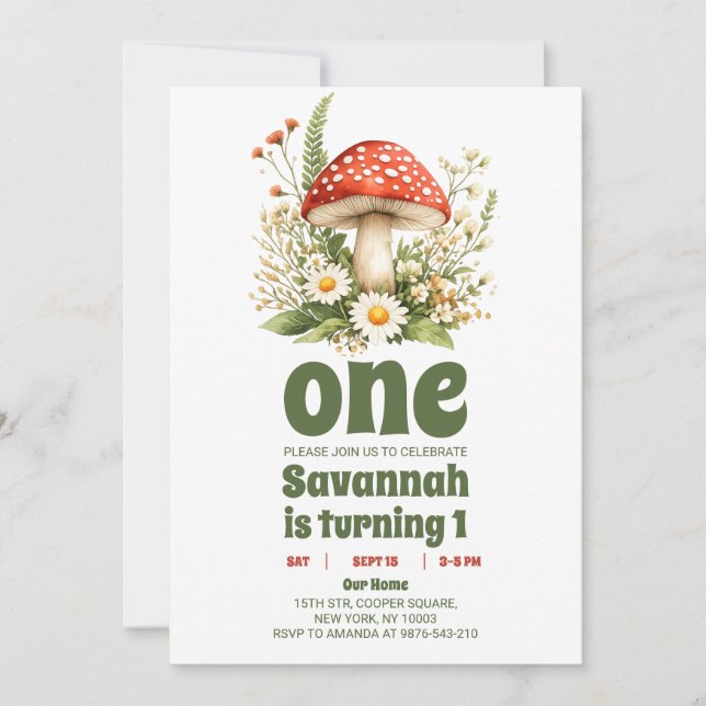 Garden Mushroom 1st Birthday Party Inbjudningar (Framsida)