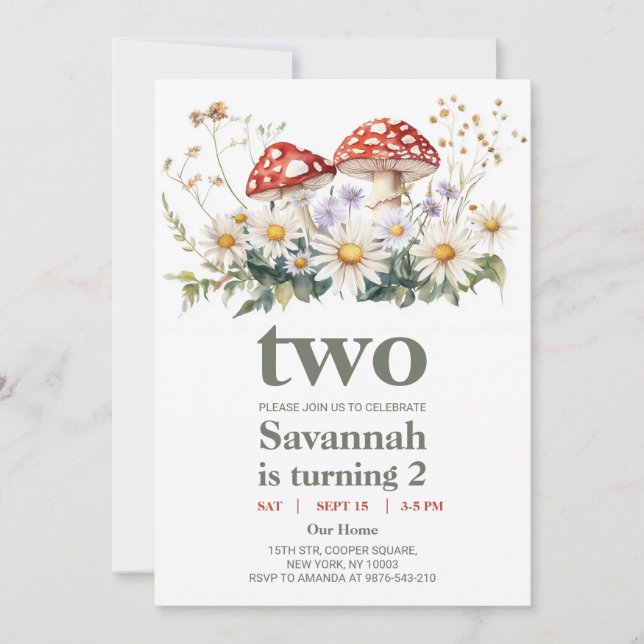 Garden Mushroom Second Birthday Party Inbjudningar (Framsida)