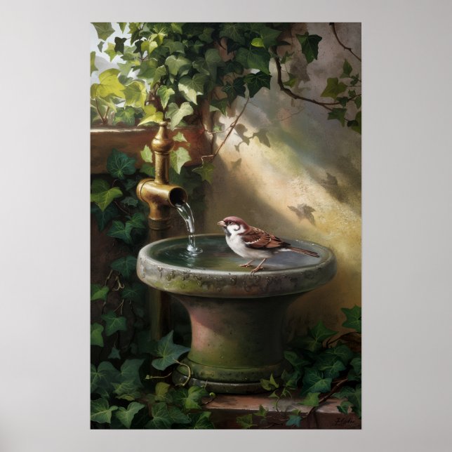 Garden Oasis: The Sparrow at the Fountain Poster (Framsidan)