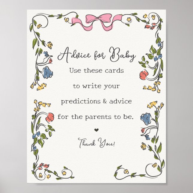 Garden Party Blommigt Baby Shower Advice for Baby Poster (Framsidan)
