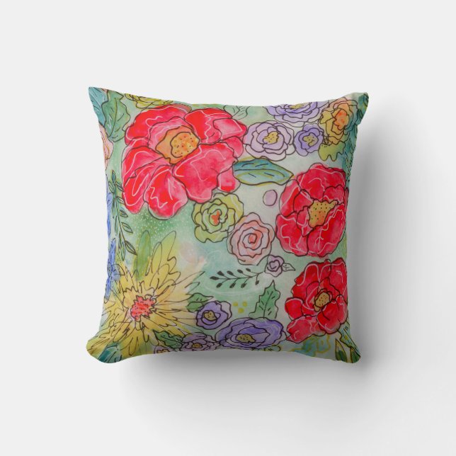 Garden Party Bloom Watercolor Blommigt Dekorativ k Kudde (Framsida)