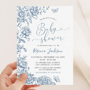 Garden Party Dusty Blue Chinoiserie Baby Shower Inbjudningar