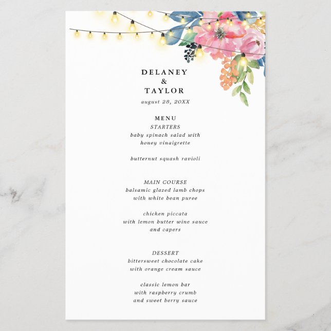 Garden Party, Flowers och Twinkle Ljus Menu Flygblad (Framsidan)