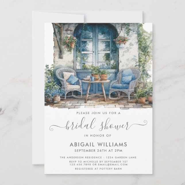 Garden Party Picnic Blue Rosa Blommigt Möhippa Inbjudningar (Framsida)