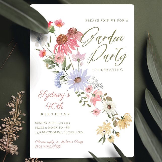 Garden Party Watercolor Wildbloms Blommigt Birthda Inbjudningar (Skapare uppladdad)