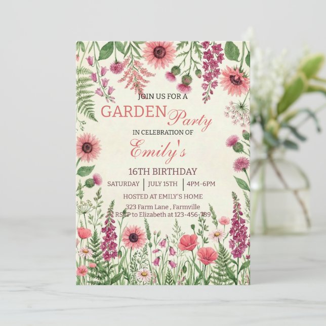 Garden Party Watercolor Wildflower Floral Birthday Inbjudningar (Stående Fram)