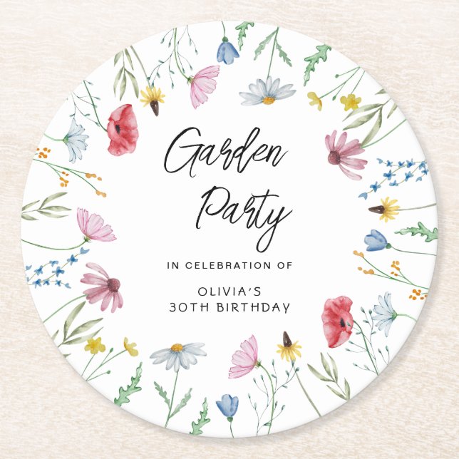 Garden Party Wildblommor Birthday Underlägg Papper Rund (Framsidan)