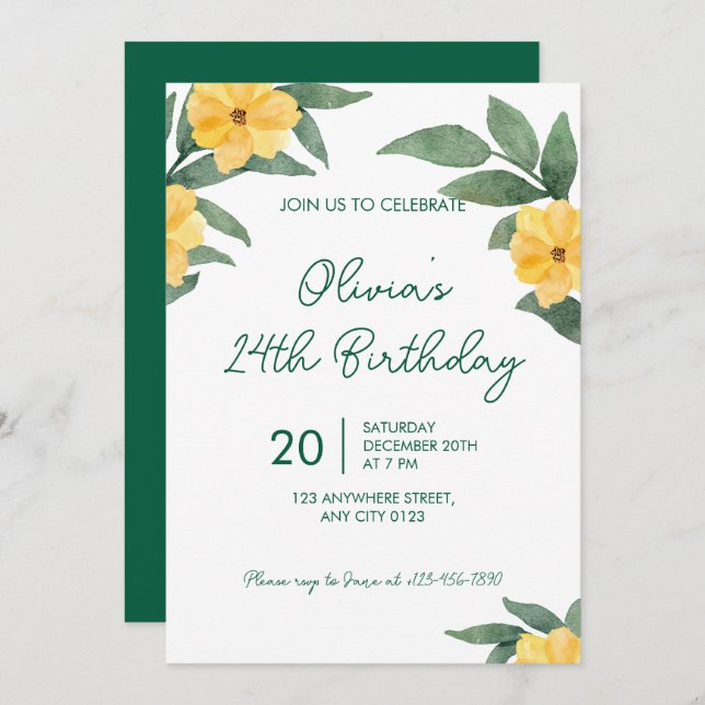 Garden Party Yellow Floral Birthday Invitation Inbjudningar (Fram/baksida)