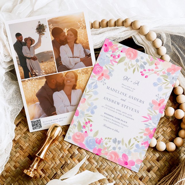 Garden Pastel vild blommor foton Qr kod bröllop Inbjudningar (Skapare uppladdad)