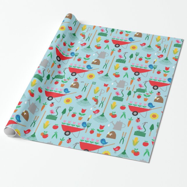 Garden Pattern Spring Flowers and Gardening Tools Presentpapper (Utrullad)