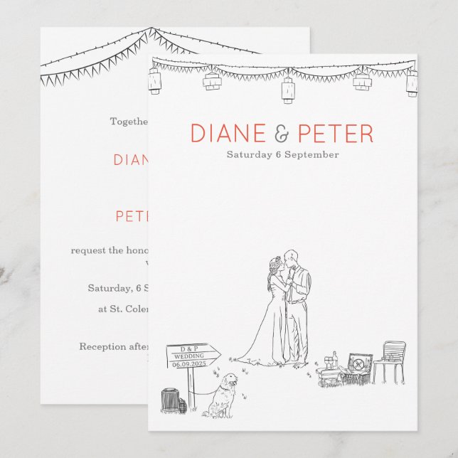 Garden Picnic Minimalist Black and White Bröllop Inbjudningar (Fram/baksida)