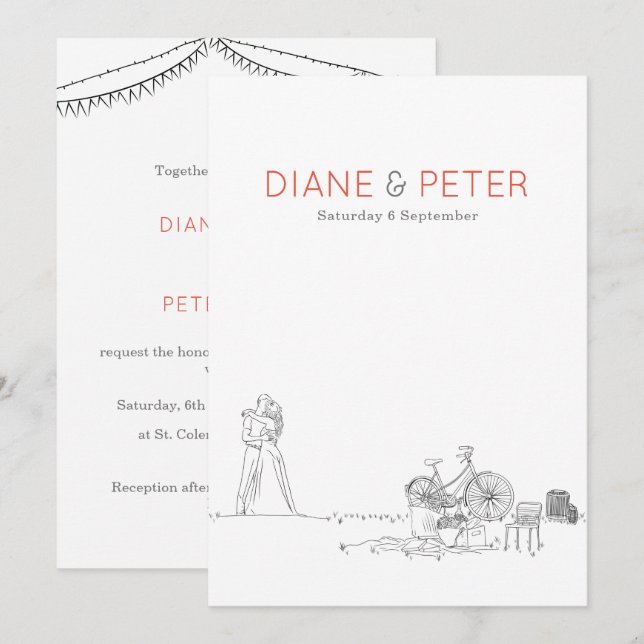 Garden Picnic Minimalist Black and White Bröllop Inbjudningar (Fram/baksida)