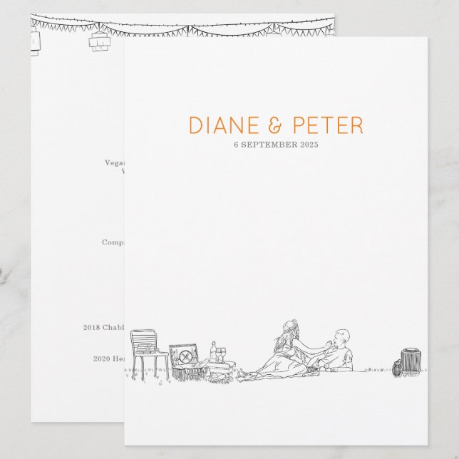 Garden Picnic Minimalist Black and White Bröllop Meny (Fram/baksida)