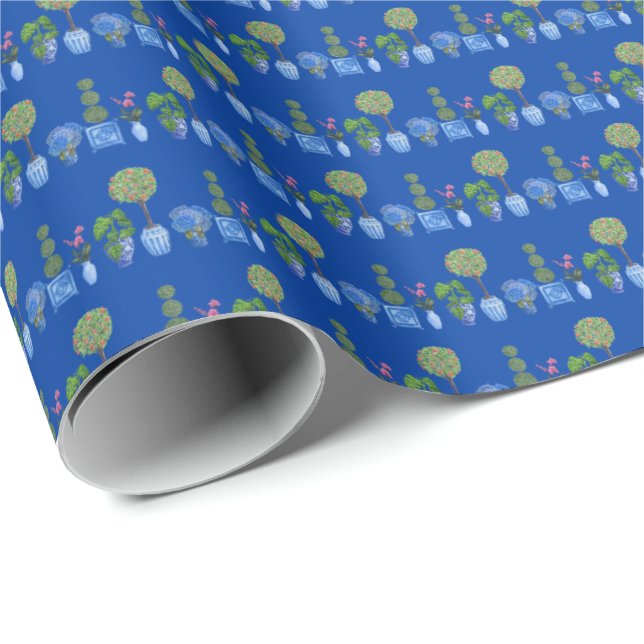 Garden Pots Wrapping Paper (on Blue) Presentpapper (Rullad Hörn)