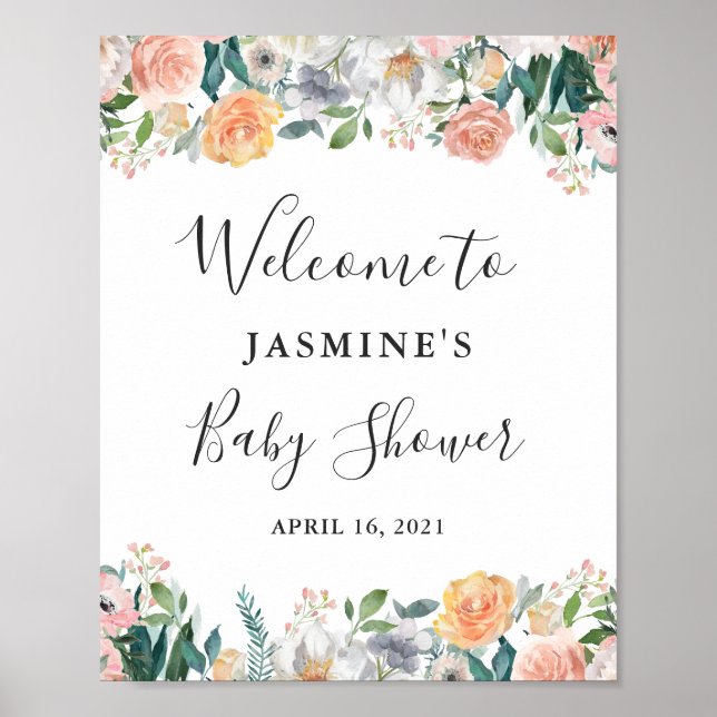 Garden Ro Peonies Blommigt Baby Shower-skylt Poster (Framsidan)