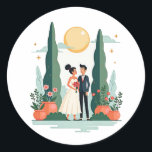 Garden Romance Wedding Stickers Runt Klistermärke<br><div class="desc">Delightful wedding-themed stickers featuring a couple surrounded by greenery and flowers under a sunny sky,  perfect for couples and weddings.</div>