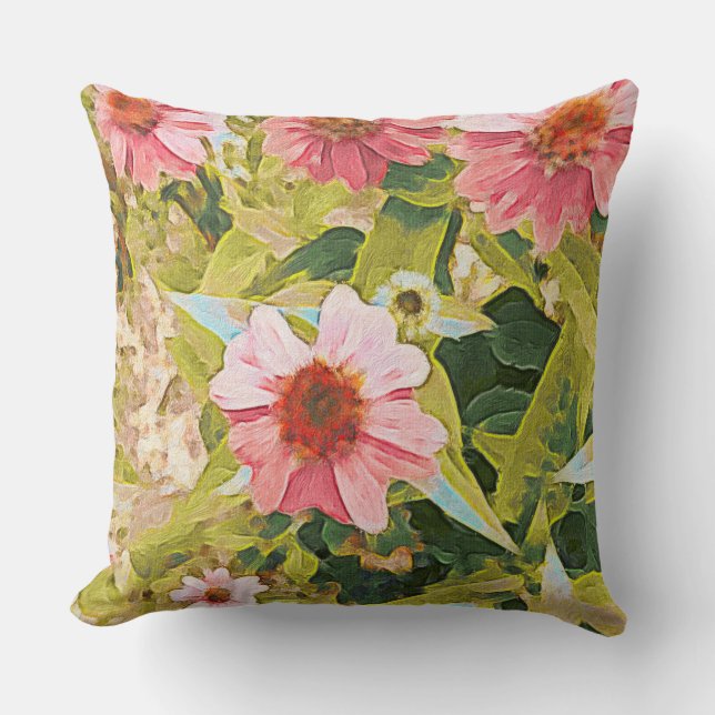 Garden Rosa Coneflowers Grönt Lövs Original Art Kudde (Framsida)