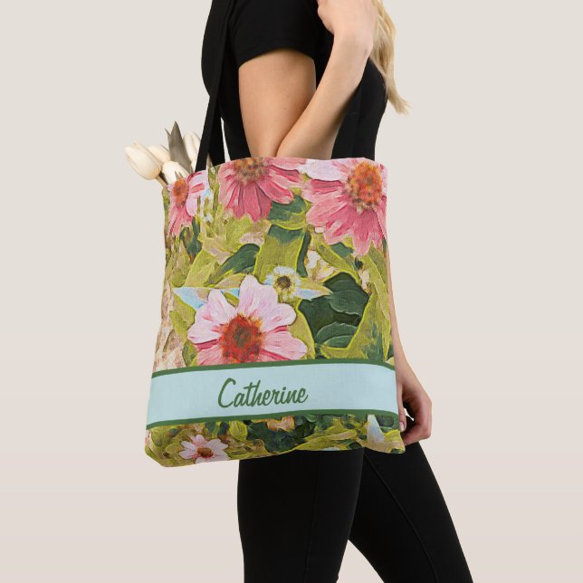 Garden Rosa Coneflowers Löv Namn Personlig Tygkasse (Närbild)