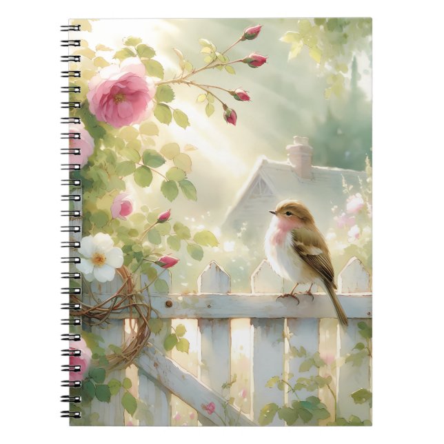 Garden Rose Bird Watercolor Scene Anteckningsbok (Framsidan)