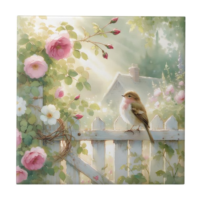 Garden Rose Bird Watercolor Scene Kakelplatta (Framsidan)