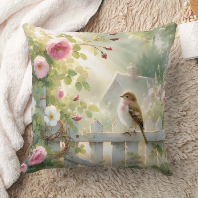 Garden Rose Bird Watercolor Scene Kudde (Filt)