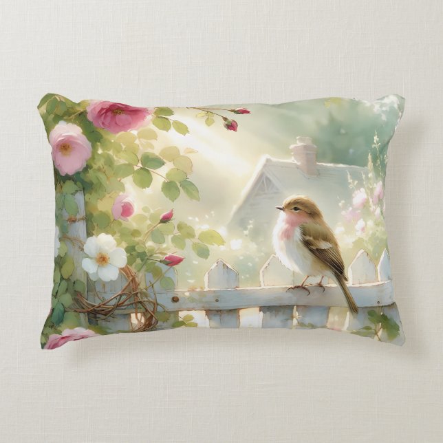 Garden Rose Bird Watercolor Scene Prydnadskudde (Framsidan)