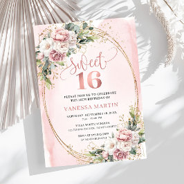Garden Rose Gold Flowers and Greenery Sweet 16  Inbjudningar